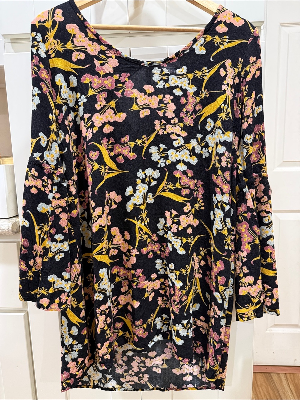 Floral Black V-Neck Women's Top - Pink & Yellow Floral